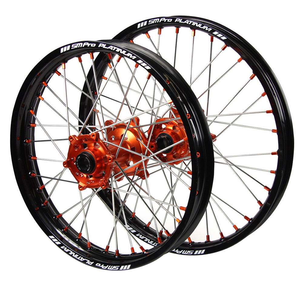 Gas Gas SM Pro Orange Hub / SM Pro Platinum Black Rim / Orange Nipples Wheel Set MC 250 2022 (21*1.6 / 18*2.15)