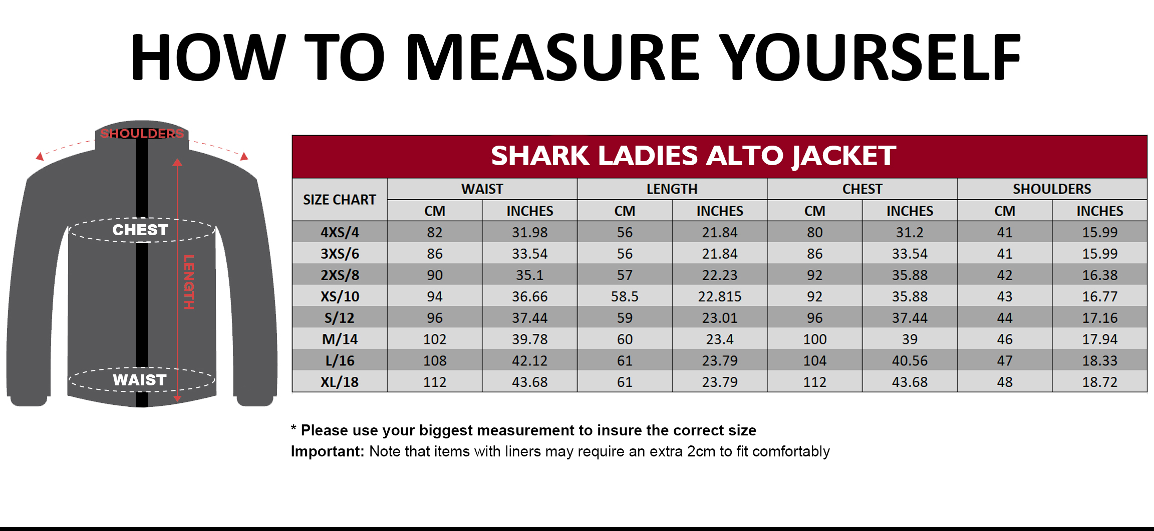 Shark Leathers Sin-Air ladies jacket size chart